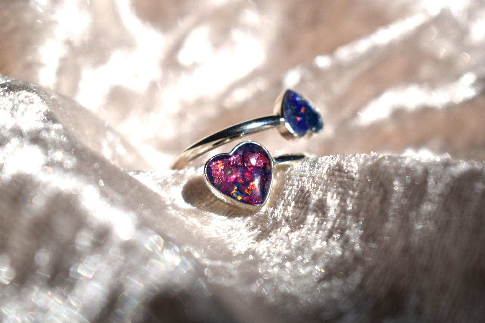 Double heart adjustable silver memorial ring with cremation ashes inlay