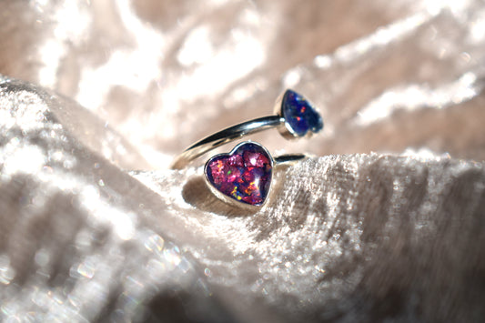 Double heart adjustable silver memorial ring with cremation ashes inlay