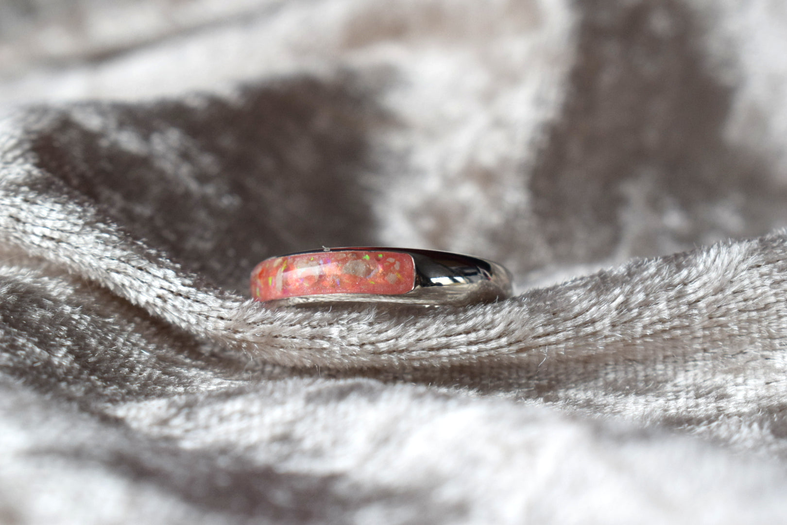 Handmade silver memorial ring with resin-filled ashes compartment