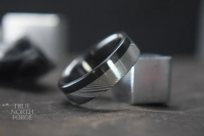 Damascus Steel and Black Zirconium Liner Edge Ring - True North Forge