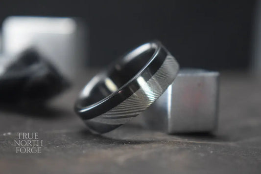 Damascus Steel and Black Zirconium Liner Edge Ring - True North Forge