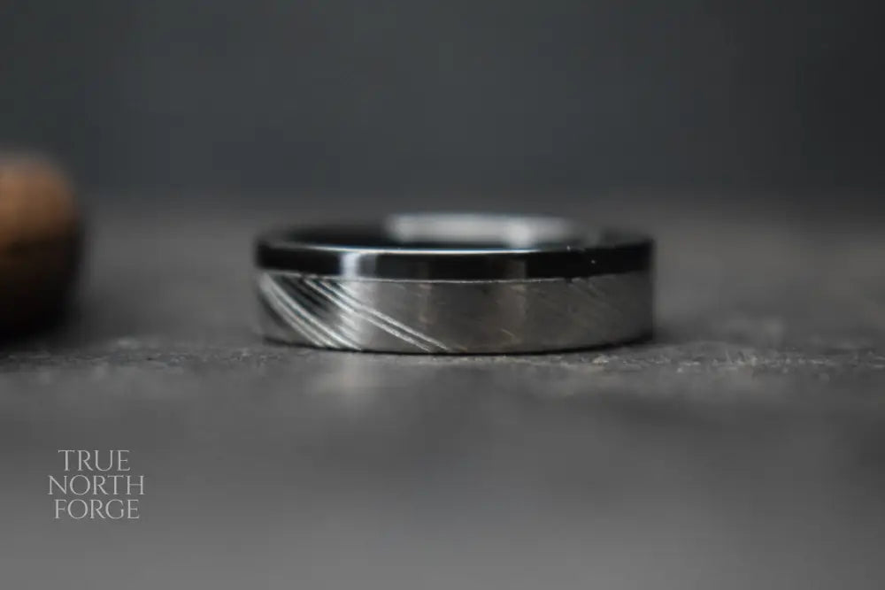 Damascus Steel and Black Zirconium Liner Edge Ring - True North Forge