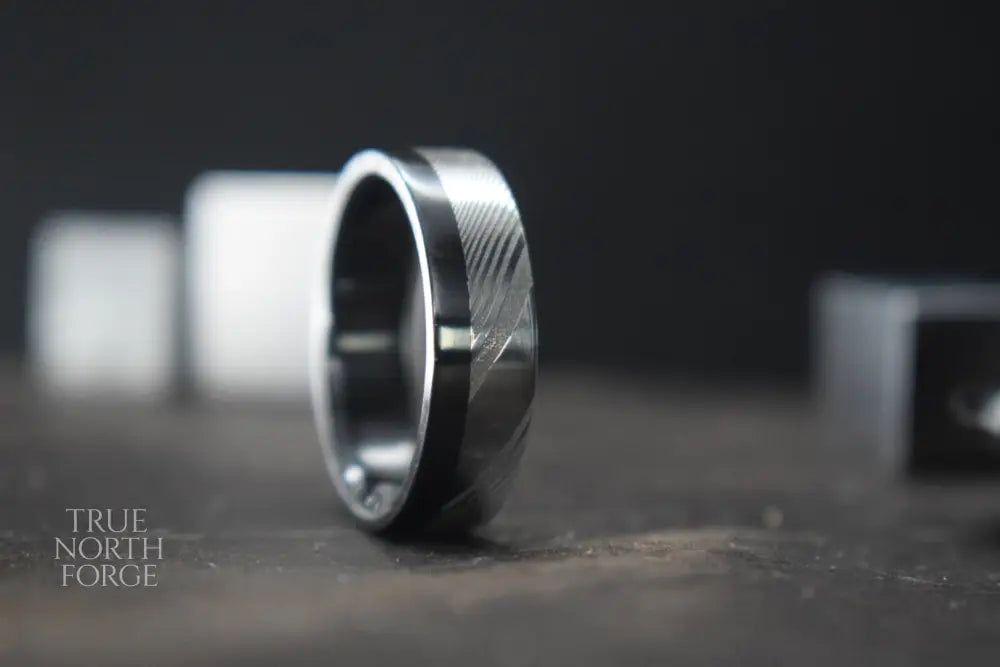 Damascus Steel and Black Zirconium Liner Edge Ring - True North Forge