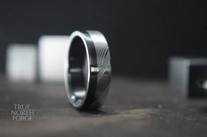 Damascus Steel and Black Zirconium Liner Edge Ring - True North Forge