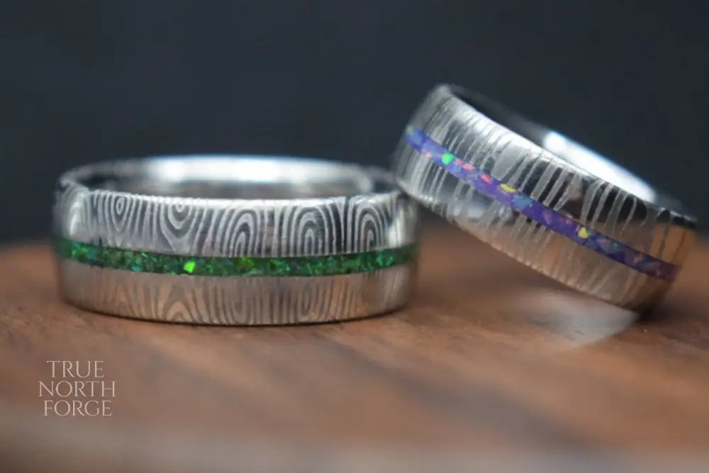 Damascus Steel Ring with Opal Inlay - True North Forge