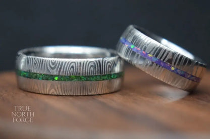 Damascus Steel Ring with Opal Inlay - True North Forge