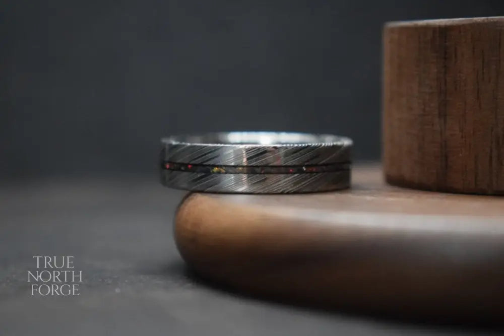 Damascus Steel Ring with Opal Inlay - True North Forge