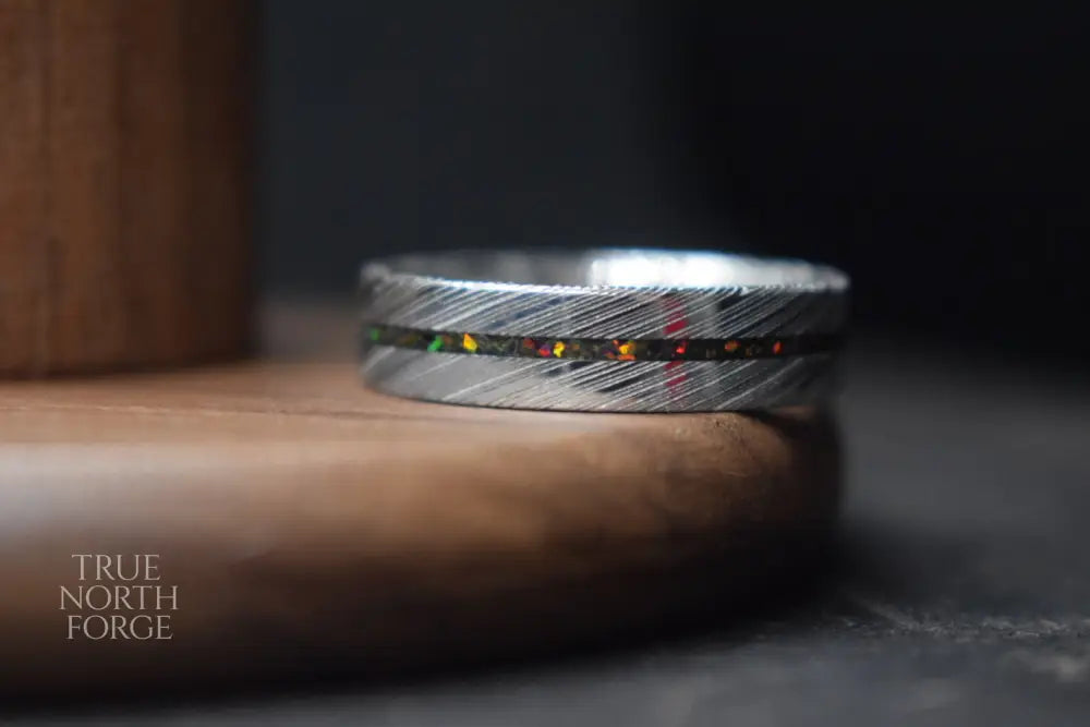Damascus Steel Ring with Opal Inlay - True North Forge