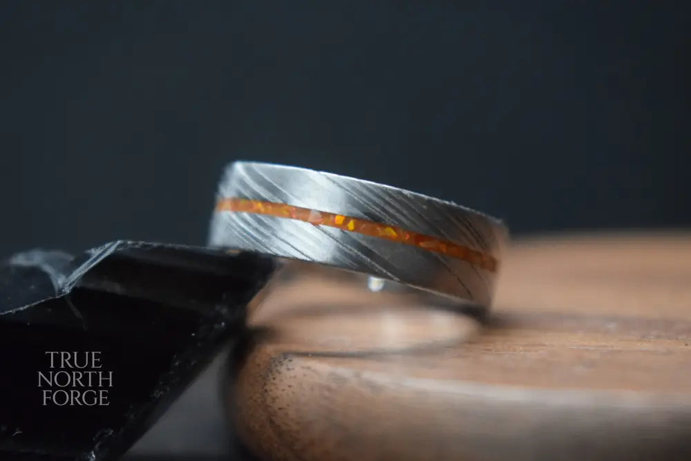 Damascus Steel Ring with Opal Inlay - True North Forge