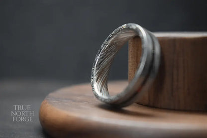 Damascus Steel Ring with Opal Inlay - True North Forge