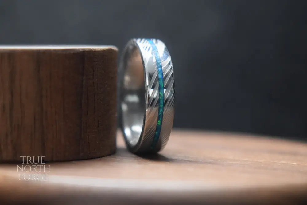 Damascus Steel Ring with Opal Inlay - True North Forge