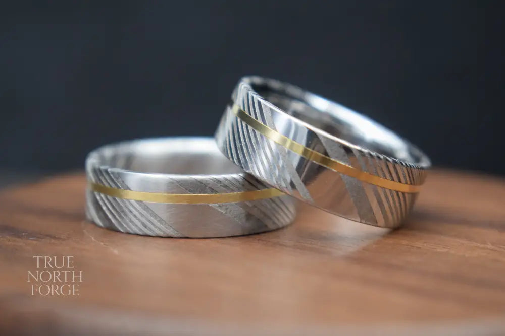 Damascus Steel Ring with Precious Metal Inlay - Wedding Ring