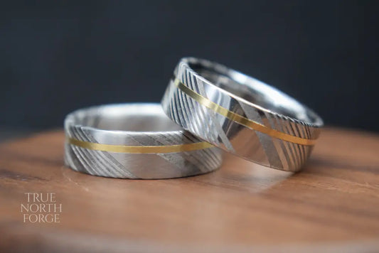 Damascus Steel Ring with Precious Metal Inlay - Wedding Ring
