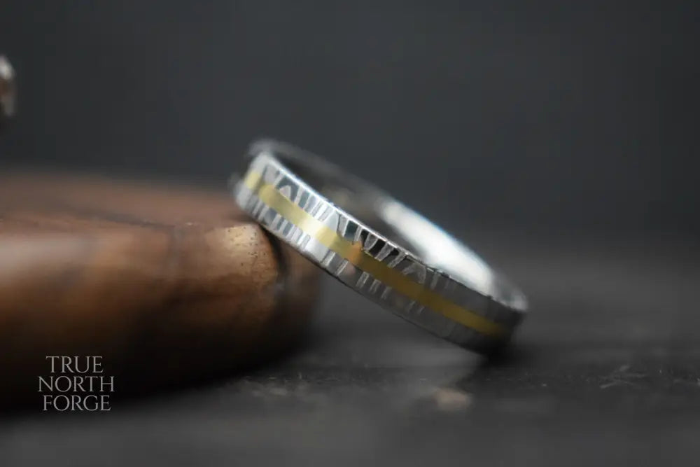 Damascus Steel Ring with Precious Metal Inlay - True North Forge