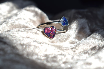 Double heart adjustable silver memorial ring with cremation ashes inlay