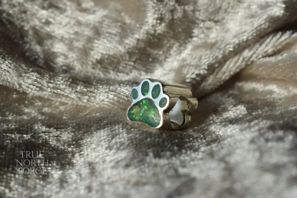 Pandora-style silver charm with paw print design and ashes inside